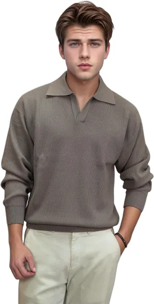 Men's V-Neck Knit Polo Sweater Long Sleeve Soft Slim Fit Pullover Top for Business Casual Office Wear