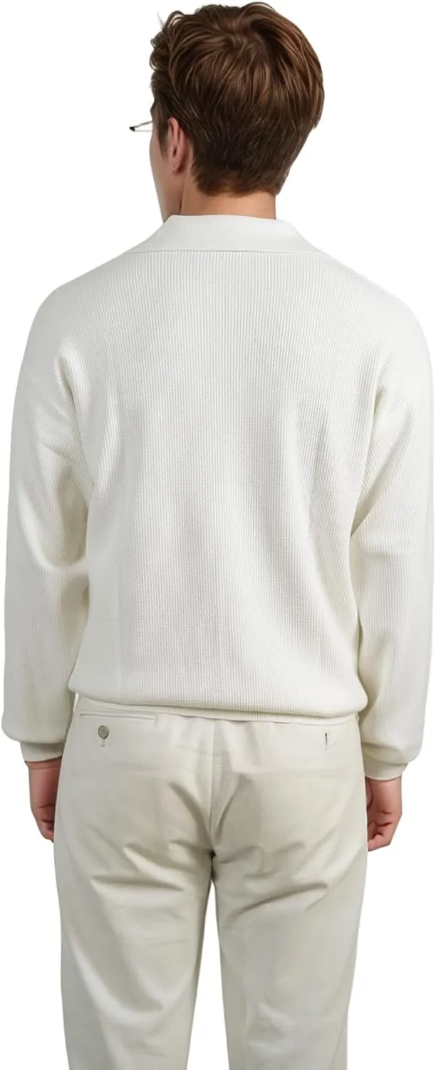 Men's V-Neck Knit Polo Sweater Long Sleeve Soft Slim Fit Pullover Top for Business Casual Office Wear