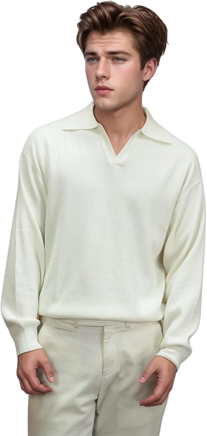 Men's V-Neck Knit Polo Sweater Long Sleeve Soft Slim Fit Pullover Top for Business Casual Office Wear