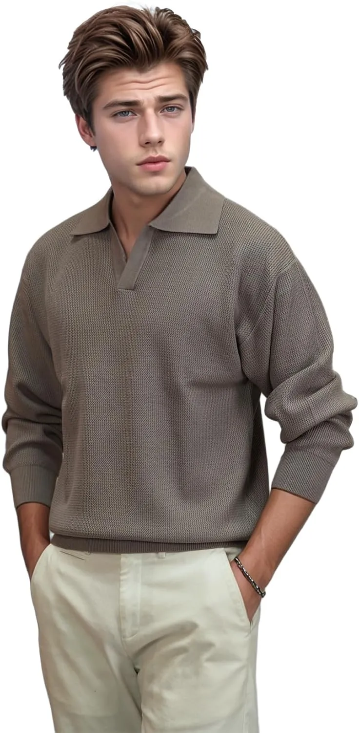 Men's V-Neck Knit Polo Sweater Long Sleeve Soft Slim Fit Pullover Top for Business Casual Office Wear