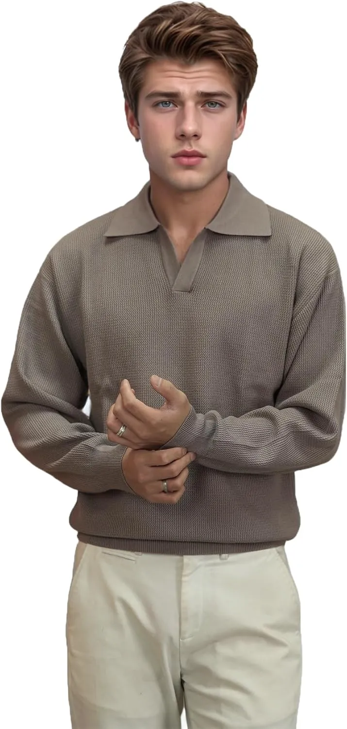 Men's V-Neck Knit Polo Sweater Long Sleeve Soft Slim Fit Pullover Top for Business Casual Office Wear