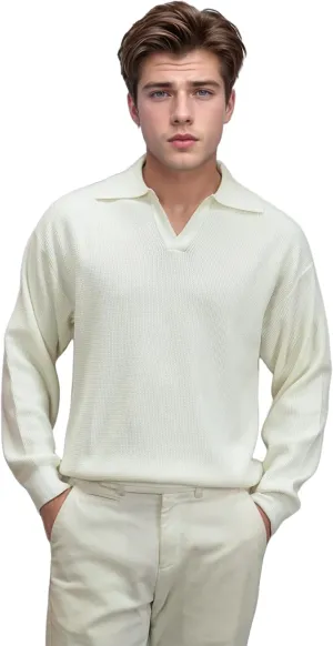 Men's V-Neck Knit Polo Sweater Long Sleeve Soft Slim Fit Pullover Top for Business Casual Office Wear