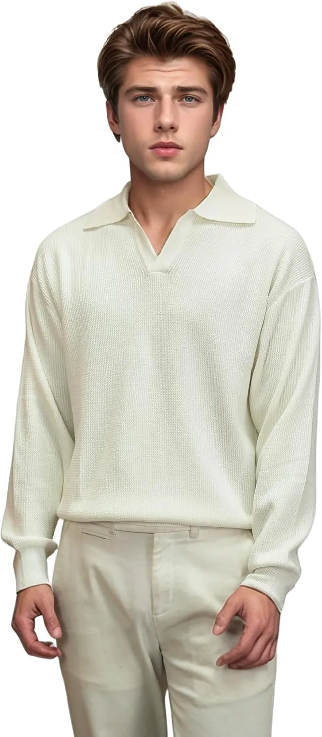 Men's V-Neck Knit Polo Sweater Long Sleeve Soft Slim Fit Pullover Top for Business Casual Office Wear