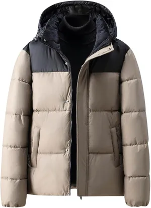 Men's Winter Warm Puffer Jacket with Pockets Casual Fashion Hooded Jacket Color Block Padded Coat Cold Weather