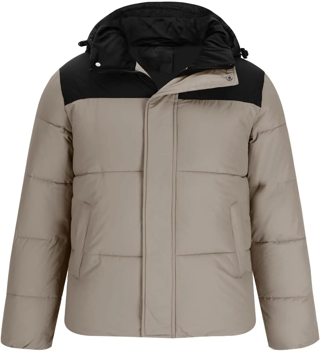 Men's Winter Warm Puffer Jacket with Pockets Casual Fashion Hooded Jacket Color Block Padded Coat Cold Weather