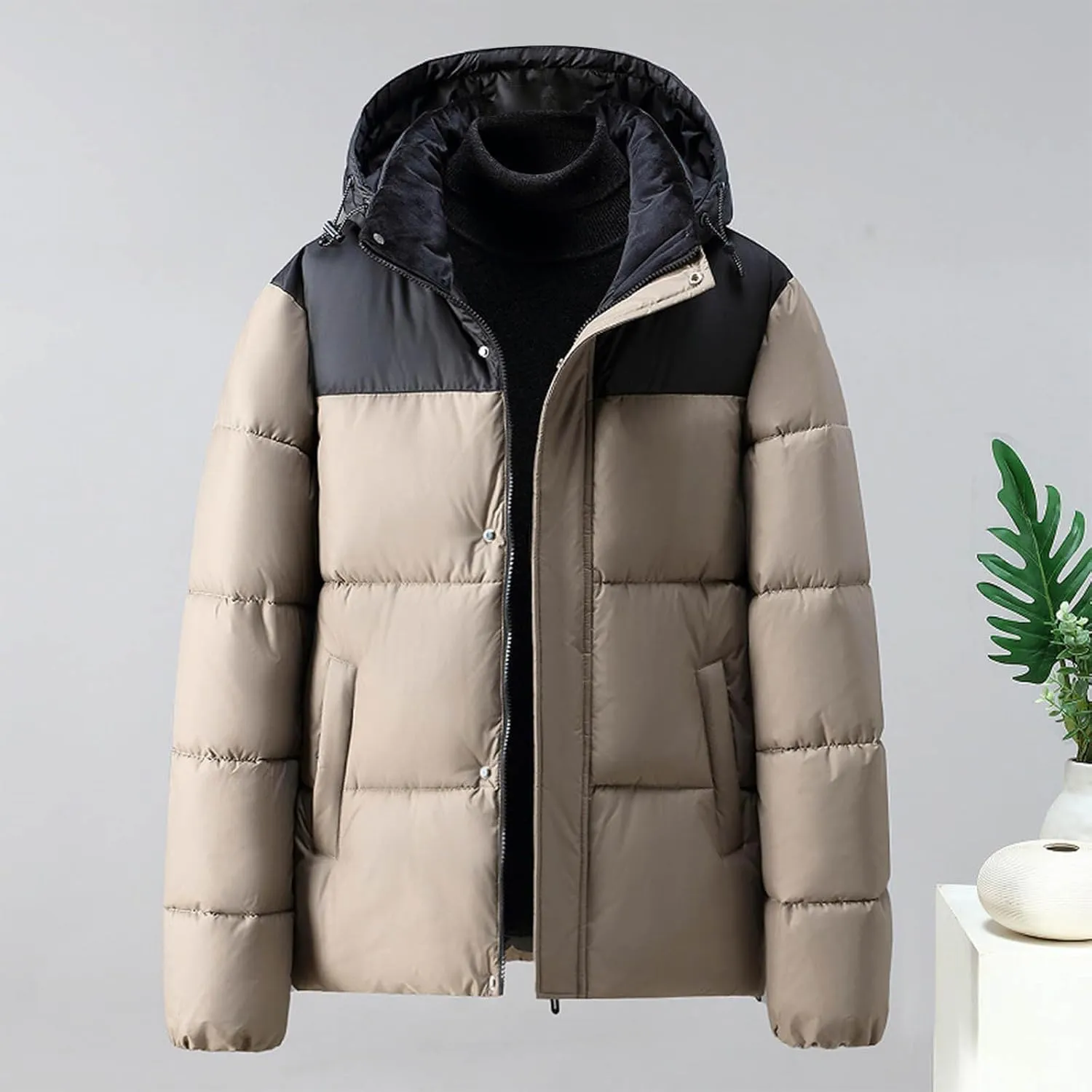 Men's Winter Warm Puffer Jacket with Pockets Casual Fashion Hooded Jacket Color Block Padded Coat Cold Weather