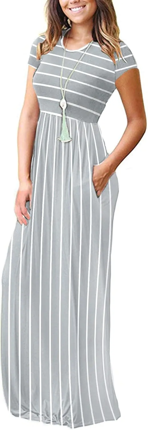 MISFAY Women Short Sleeve Loose Plain Maxi Dresses Casual Long Dresses Pockets