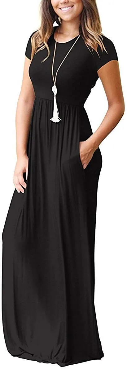MISFAY Women Short Sleeve Loose Plain Maxi Dresses Casual Long Dresses Pockets