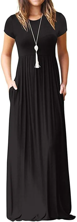 MISFAY Women Short Sleeve Loose Plain Maxi Dresses Casual Long Dresses Pockets