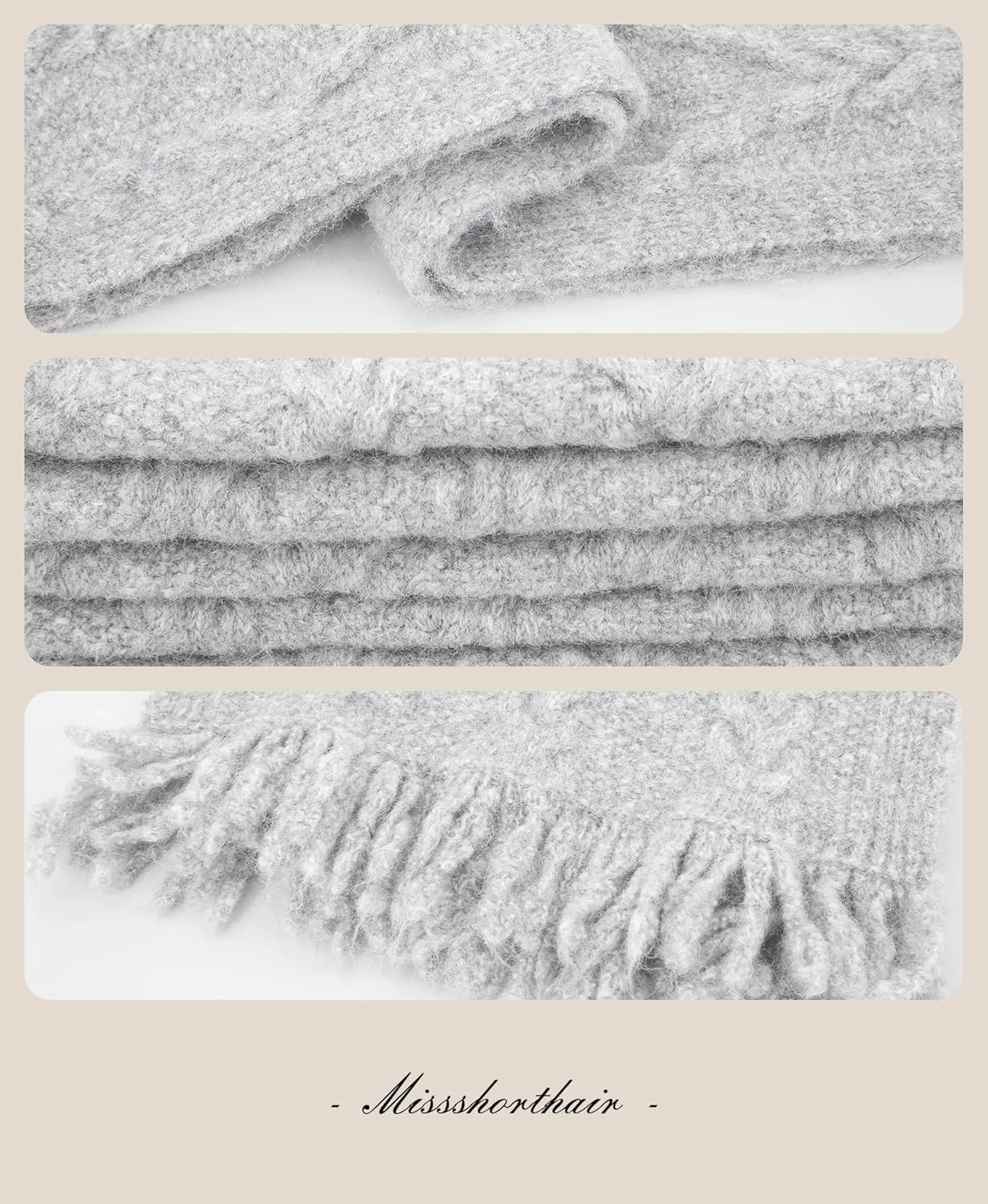 MissShorthair Womens Soft Cashmere Shawls and Wraps for Winter Cable Knit Scarves Chunky Long Scarf Cold Weather Warmth
