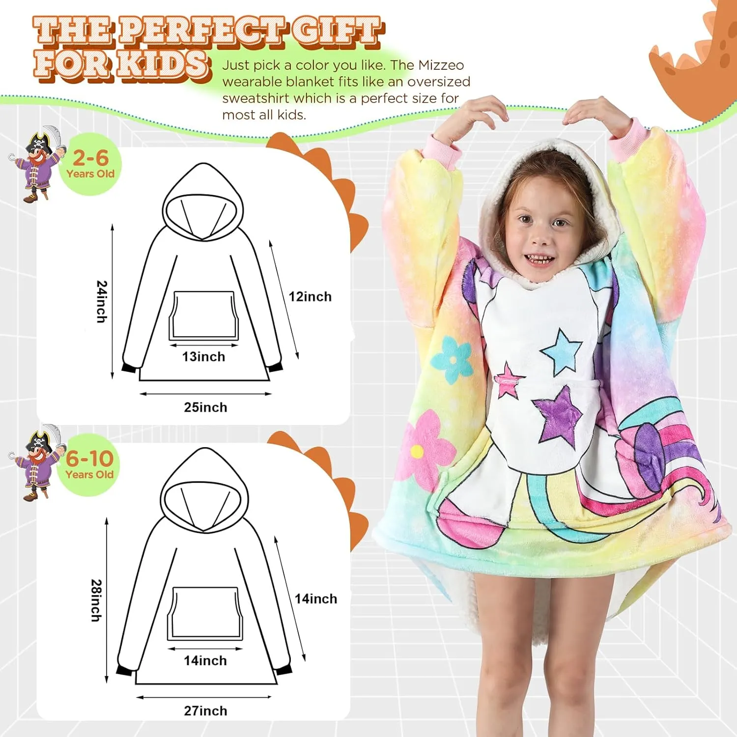 MIZZEO Kids Wearable Blanket Hoodie, Oversized Sherpa Wearable Blanket with Hood Pocket and Sleeves for Toddlers, Cute Hoodies 2-6 Year Old Girls Boys Youth Birthday Gifts (Unicorn)