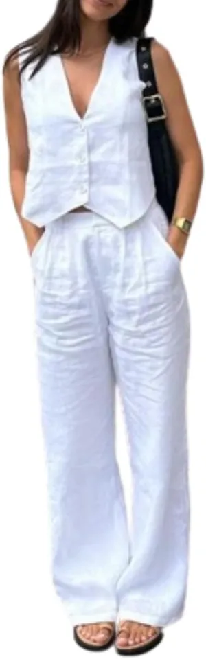 OCUH 2 Pice Linen Set Straight Leg Pants Women Pants Button-up Vest Business Casual Work Outfits for Women