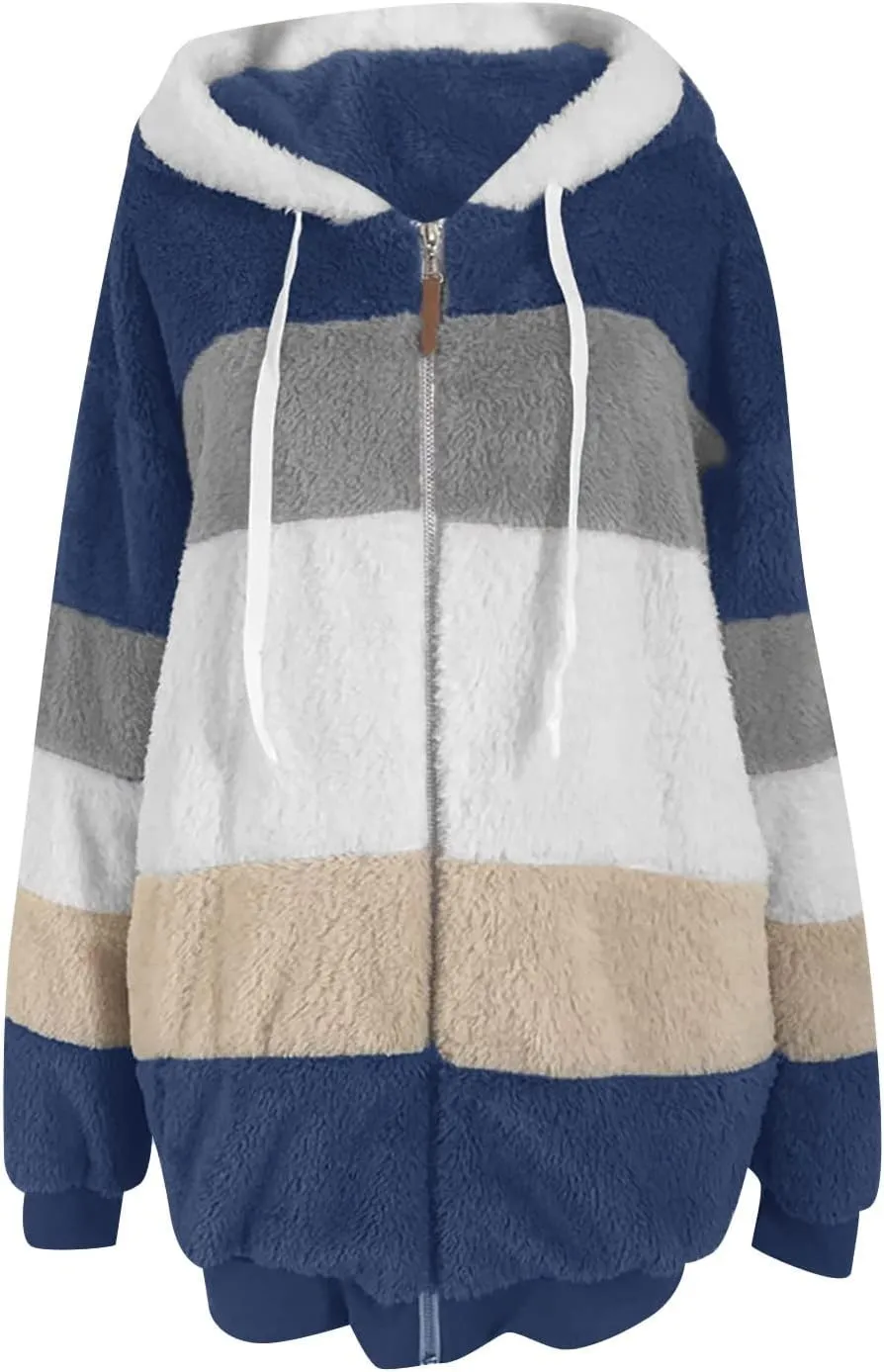 Oversized Fuzzy Fleece Jackets For Women Fashion 2023 Color Block Faux Fur Cardigan Coat Shaggy Warm Winter Outerwear