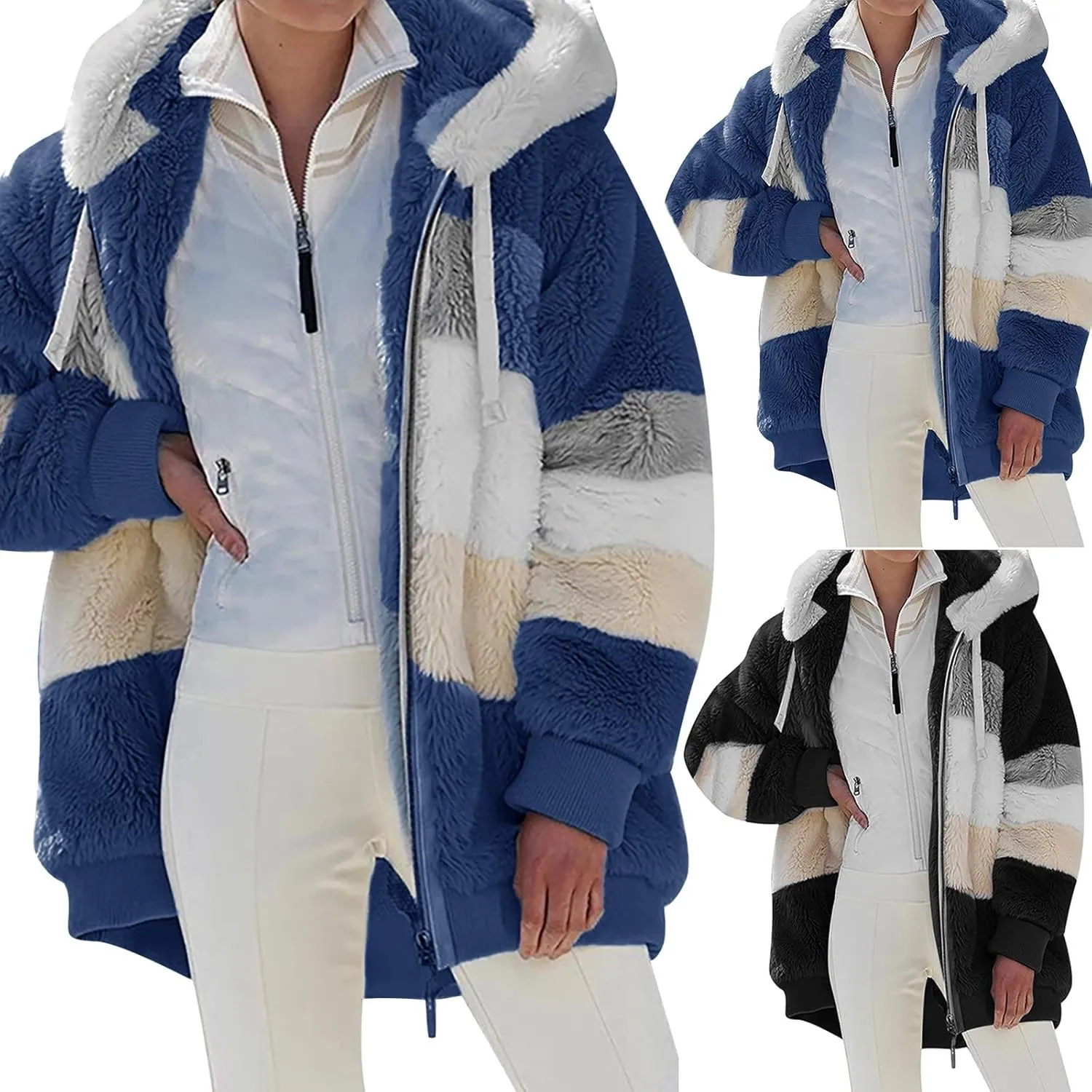 Oversized Fuzzy Fleece Jackets For Women Fashion 2023 Color Block Faux Fur Cardigan Coat Shaggy Warm Winter Outerwear
