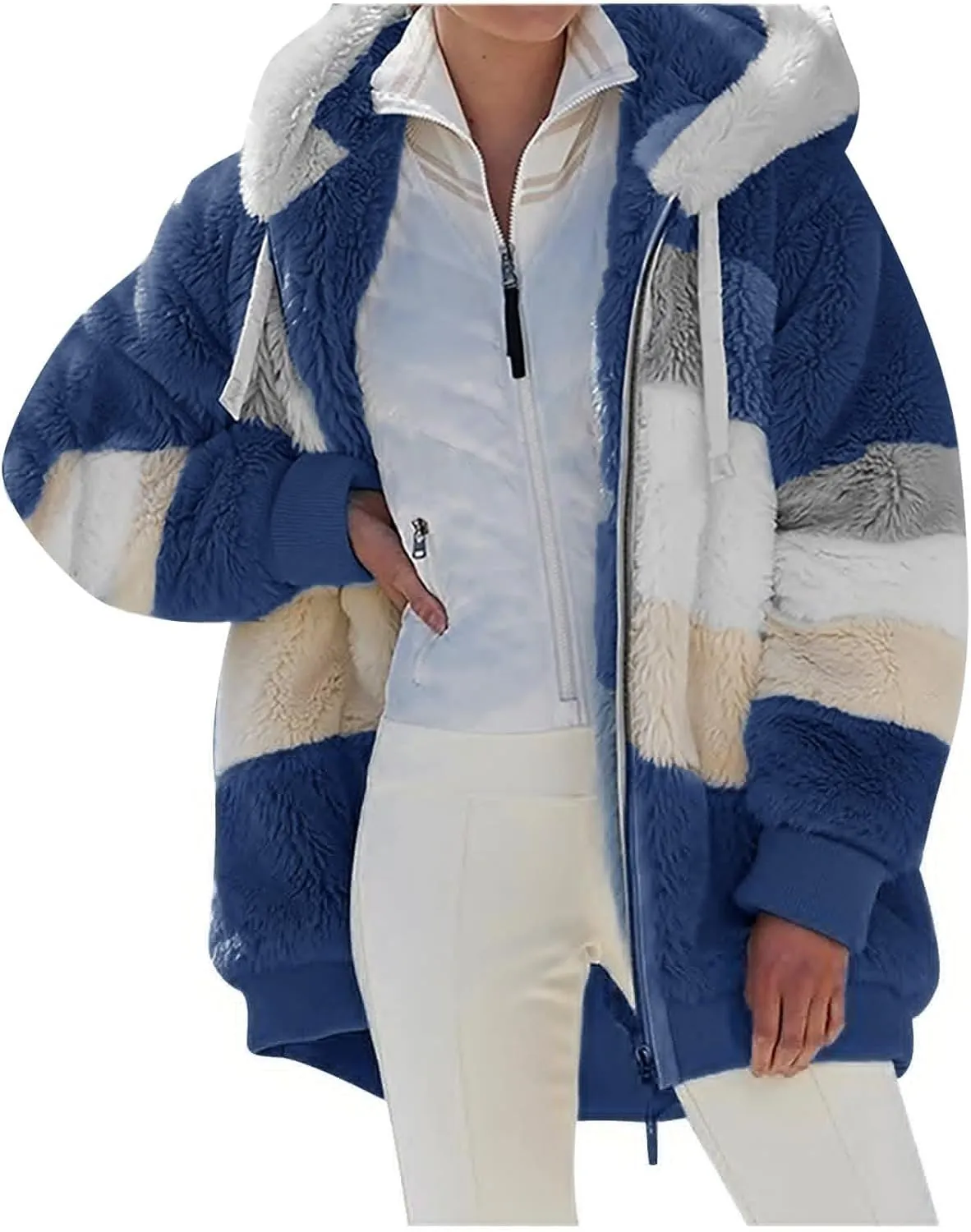 Oversized Fuzzy Fleece Jackets For Women Fashion 2023 Color Block Faux Fur Cardigan Coat Shaggy Warm Winter Outerwear