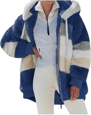 Oversized Fuzzy Fleece Jackets For Women Fashion 2023 Color Block Faux Fur Cardigan Coat Shaggy Warm Winter Outerwear