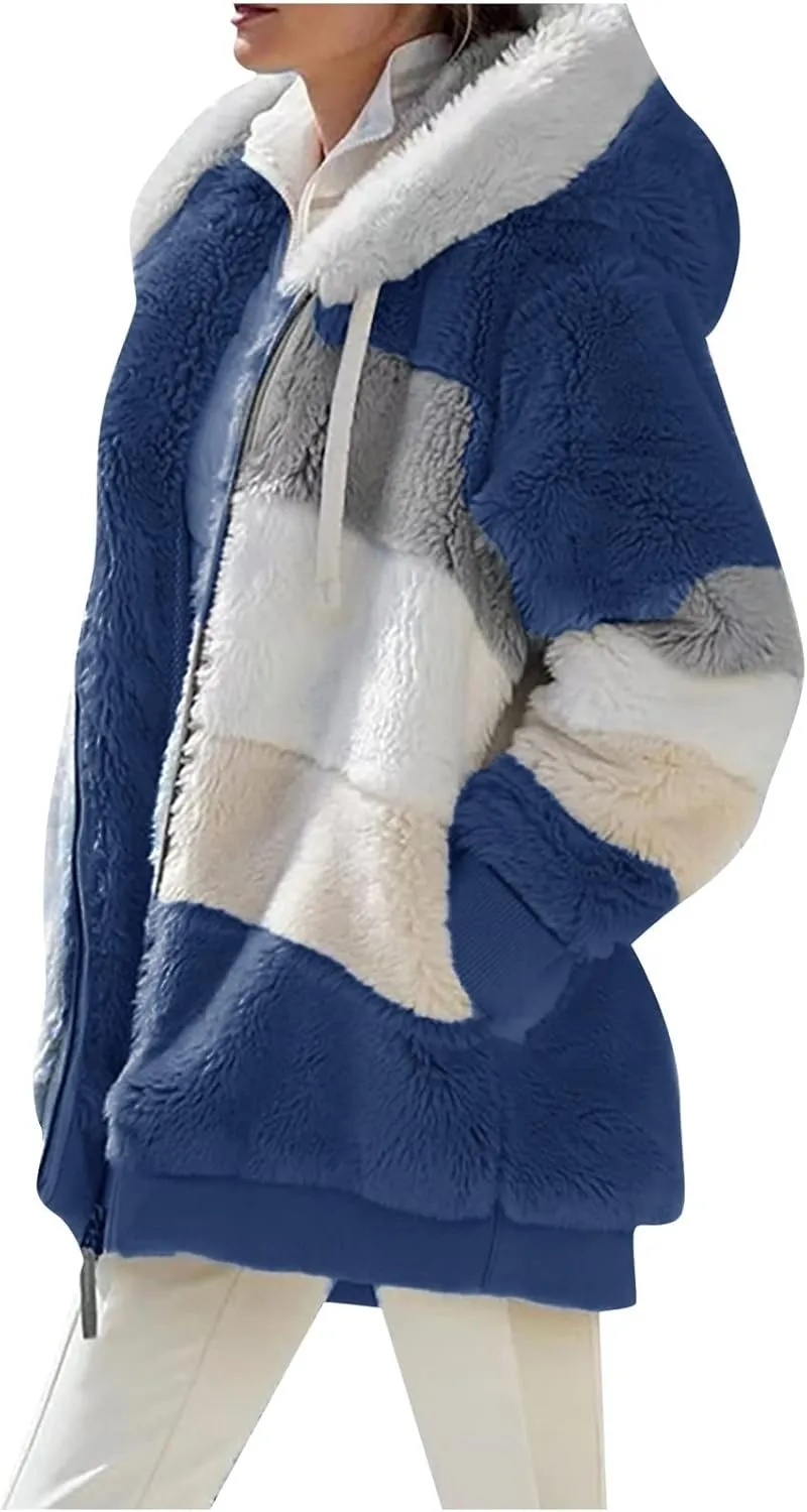 Oversized Fuzzy Fleece Jackets For Women Fashion 2023 Color Block Faux Fur Cardigan Coat Shaggy Warm Winter Outerwear