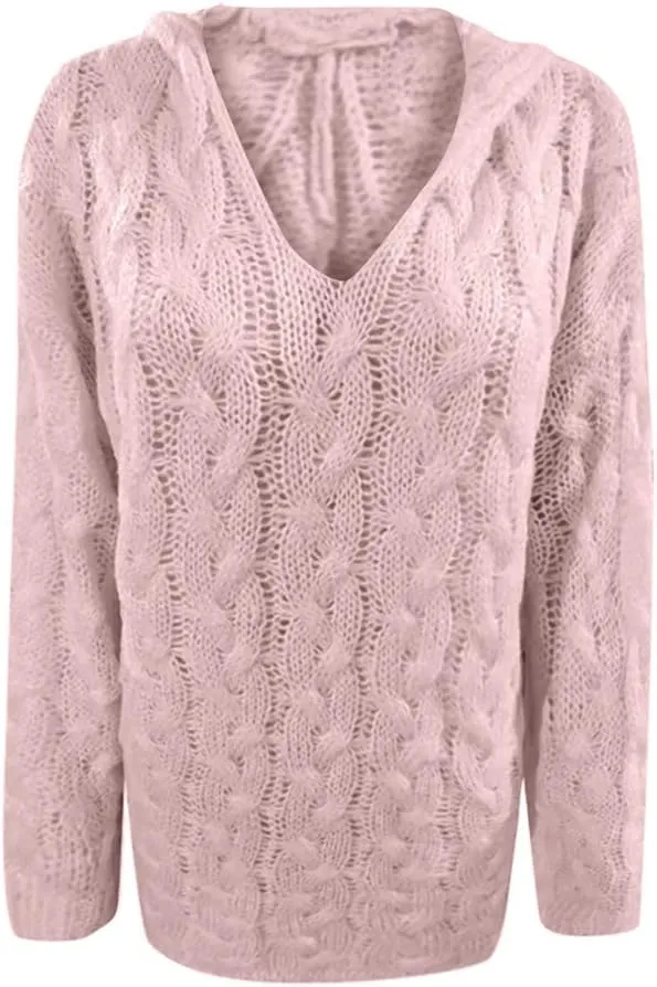 Oversized Sweater for Women, Fashion Chunky Cable Knit Hooded Sweaters Casual V Neck Hoodies Long Sleeve Pullover Tops