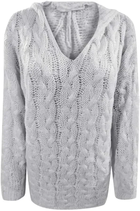 Oversized Sweater for Women, Fashion Chunky Cable Knit Hooded Sweaters Casual V Neck Hoodies Long Sleeve Pullover Tops