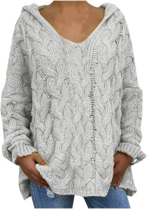 Oversized Sweater for Women, Fashion Chunky Cable Knit Hooded Sweaters Casual V Neck Hoodies Long Sleeve Pullover Tops