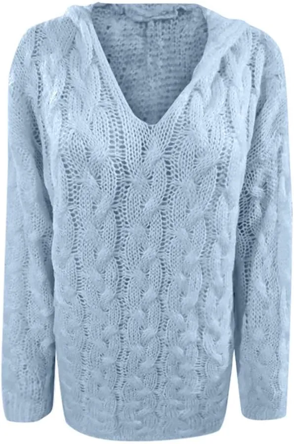 Oversized Sweater for Women, Fashion Chunky Cable Knit Hooded Sweaters Casual V Neck Hoodies Long Sleeve Pullover Tops
