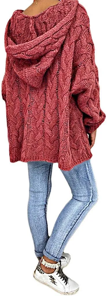Oversized Sweater for Women, Fashion Chunky Cable Knit Hooded Sweaters Casual V Neck Hoodies Long Sleeve Pullover Tops