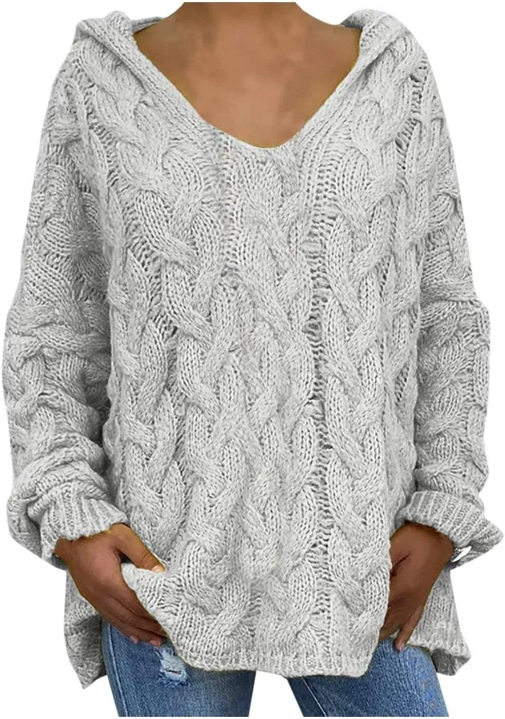 Oversized Sweater for Women, Fashion Chunky Cable Knit Hooded Sweaters Casual V Neck Hoodies Long Sleeve Pullover Tops