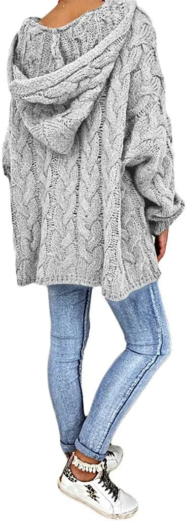 Oversized Sweater for Women, Fashion Chunky Cable Knit Hooded Sweaters Casual V Neck Hoodies Long Sleeve Pullover Tops