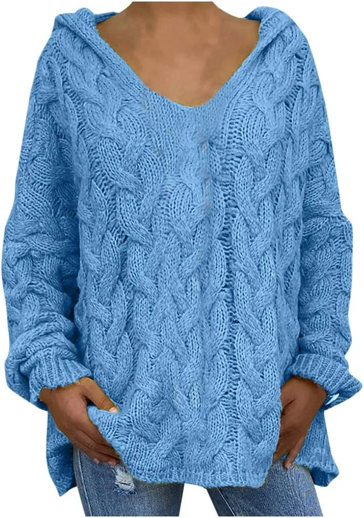 Oversized Sweater for Women, Fashion Chunky Cable Knit Hooded Sweaters Casual V Neck Hoodies Long Sleeve Pullover Tops