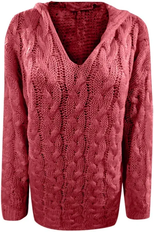 Oversized Sweater for Women, Fashion Chunky Cable Knit Hooded Sweaters Casual V Neck Hoodies Long Sleeve Pullover Tops