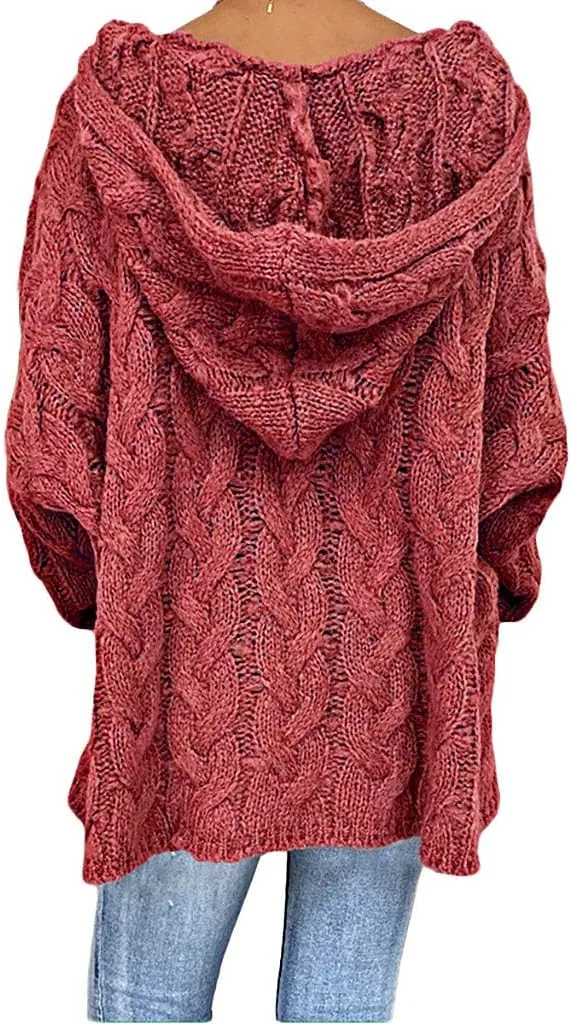 Oversized Sweater for Women, Fashion Chunky Cable Knit Hooded Sweaters Casual V Neck Hoodies Long Sleeve Pullover Tops