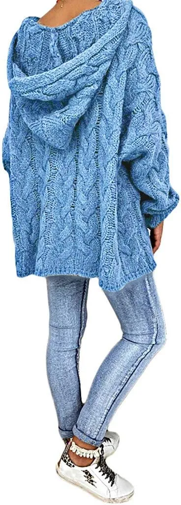 Oversized Sweater for Women, Fashion Chunky Cable Knit Hooded Sweaters Casual V Neck Hoodies Long Sleeve Pullover Tops