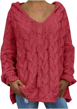 Oversized Sweater for Women, Fashion Chunky Cable Knit Hooded Sweaters Casual V Neck Hoodies Long Sleeve Pullover Tops