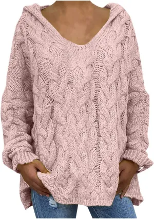 Oversized Sweater for Women, Fashion Chunky Cable Knit Hooded Sweaters Casual V Neck Hoodies Long Sleeve Pullover Tops