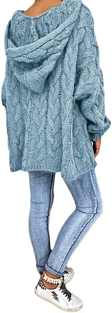 Oversized Sweater for Women, Fashion Chunky Cable Knit Hooded Sweaters Casual V Neck Hoodies Long Sleeve Pullover Tops