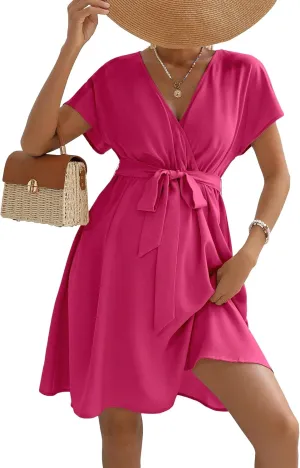 OYOANGLE Women's Maternity Short Sleeve Wrapped V Neck Belted Dress High Waist Flared A Line Short Dresses