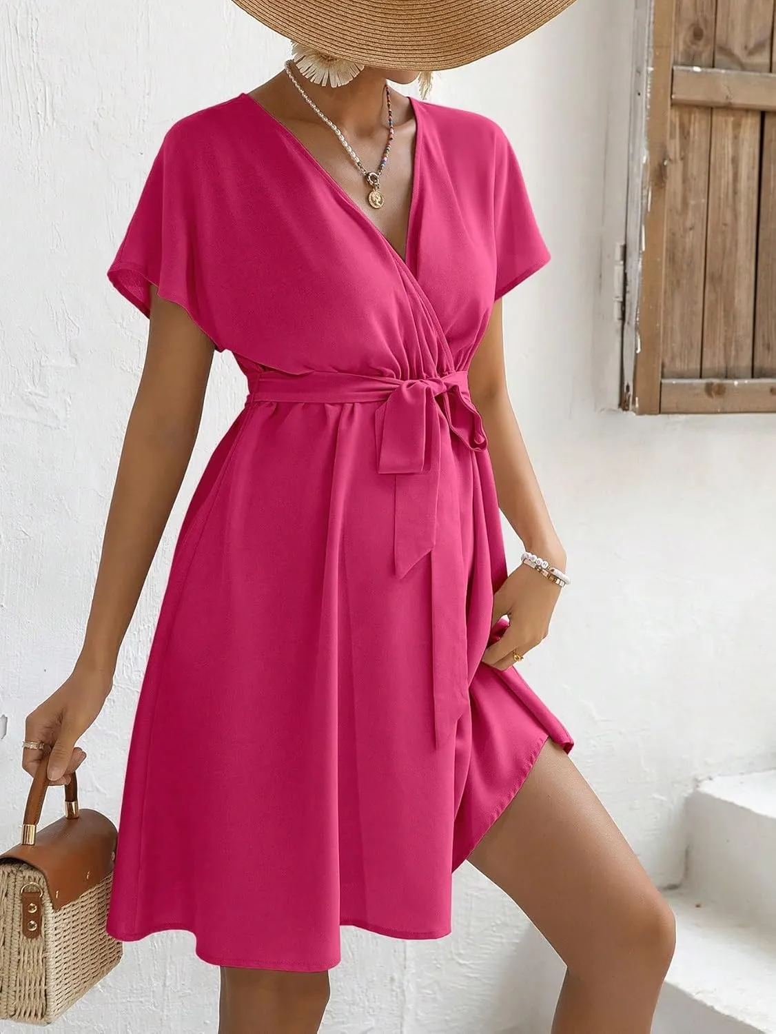 OYOANGLE Women's Maternity Short Sleeve Wrapped V Neck Belted Dress High Waist Flared A Line Short Dresses