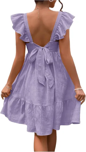 OYOANGLE Women's Maternity Tie Backless Ruffle Trim Short Sleeve Square Neck A Line Dress Solid Plain Flared Dresses