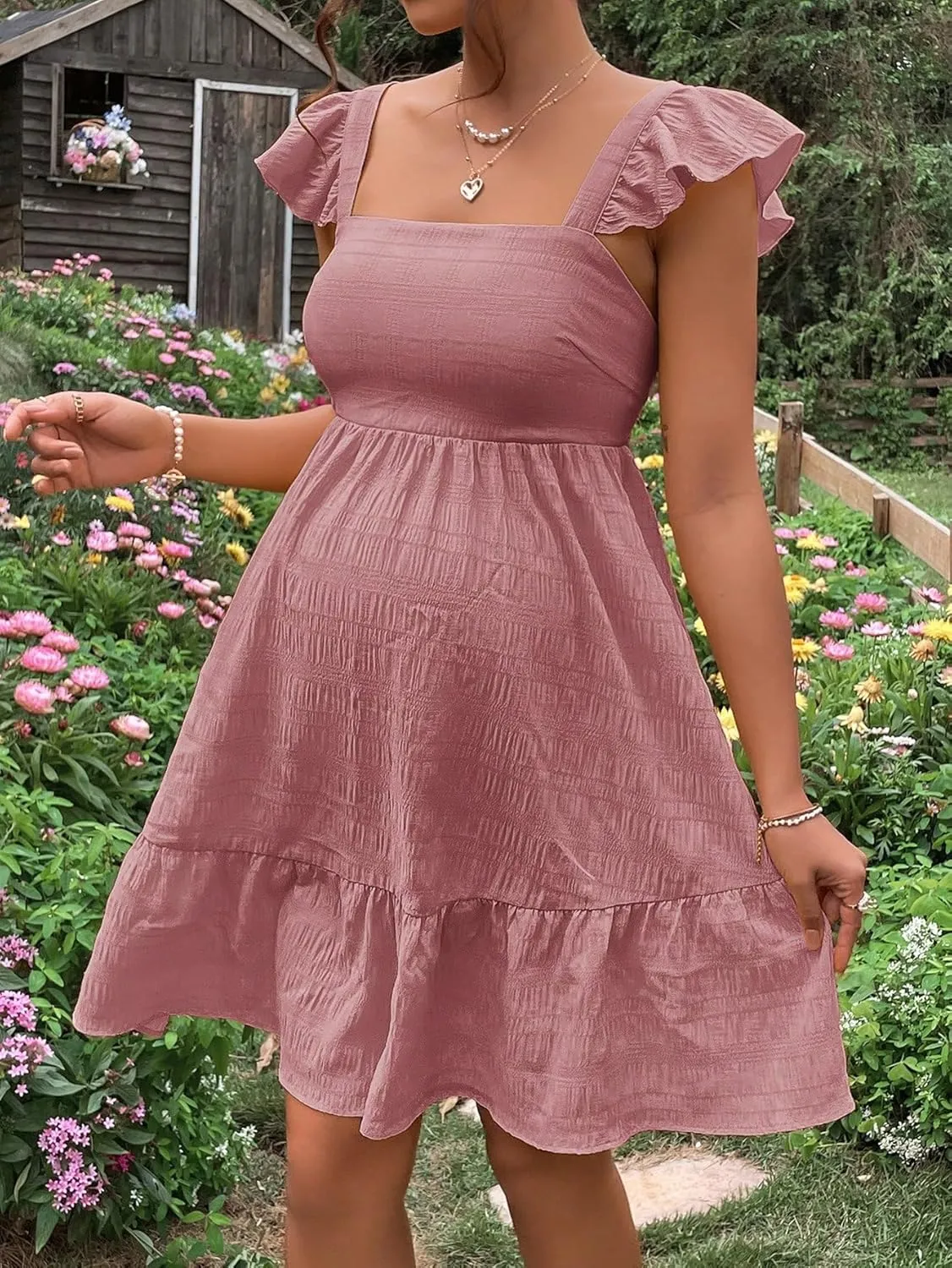 OYOANGLE Women's Maternity Tie Backless Ruffle Trim Short Sleeve Square Neck A Line Dress Solid Plain Flared Dresses