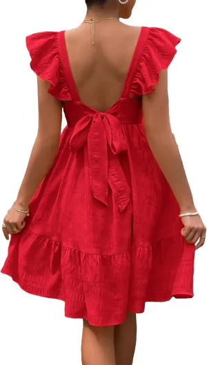 OYOANGLE Women's Maternity Tie Backless Ruffle Trim Short Sleeve Square Neck A Line Dress Solid Plain Flared Dresses