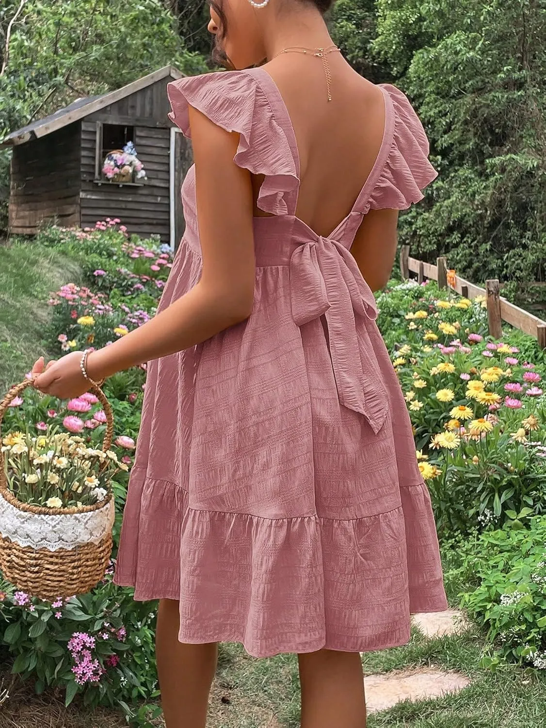 OYOANGLE Women's Maternity Tie Backless Ruffle Trim Short Sleeve Square Neck A Line Dress Solid Plain Flared Dresses