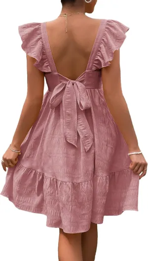 OYOANGLE Women's Maternity Tie Backless Ruffle Trim Short Sleeve Square Neck A Line Dress Solid Plain Flared Dresses