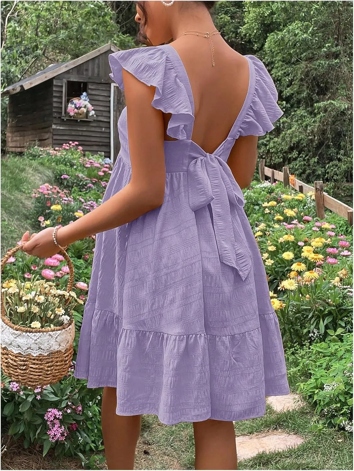OYOANGLE Women's Maternity Tie Backless Ruffle Trim Short Sleeve Square Neck A Line Dress Solid Plain Flared Dresses