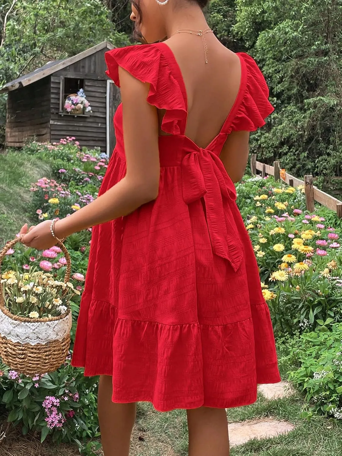 OYOANGLE Women's Maternity Tie Backless Ruffle Trim Short Sleeve Square Neck A Line Dress Solid Plain Flared Dresses