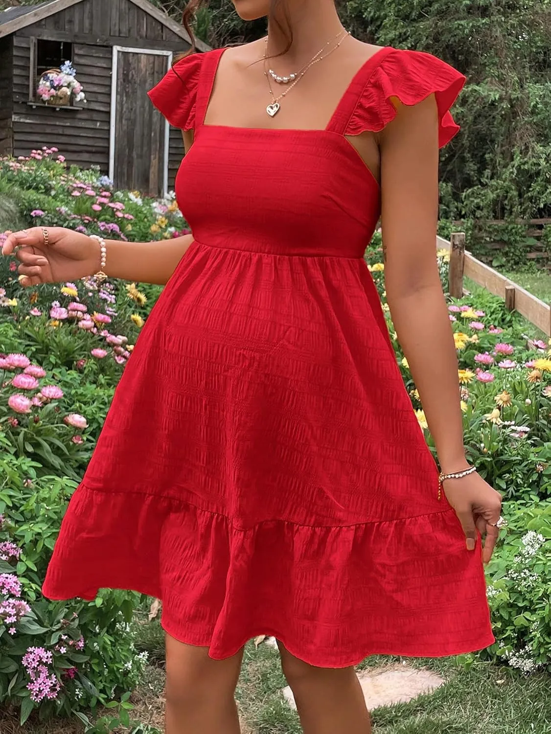 OYOANGLE Women's Maternity Tie Backless Ruffle Trim Short Sleeve Square Neck A Line Dress Solid Plain Flared Dresses