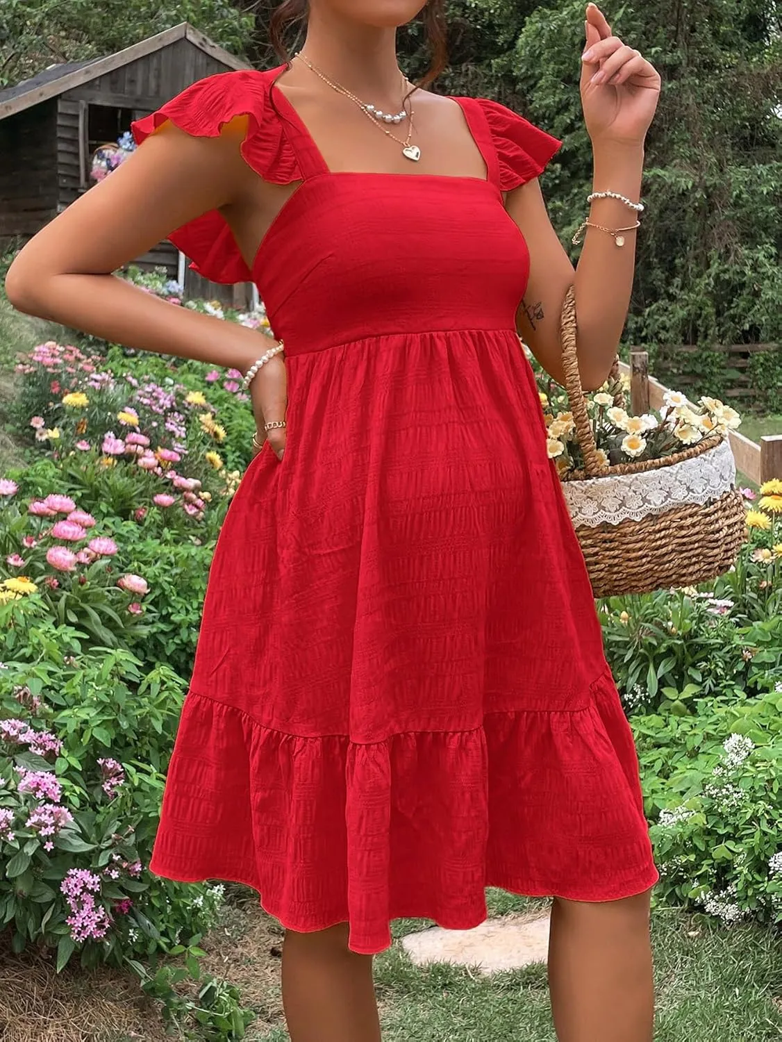 OYOANGLE Women's Maternity Tie Backless Ruffle Trim Short Sleeve Square Neck A Line Dress Solid Plain Flared Dresses