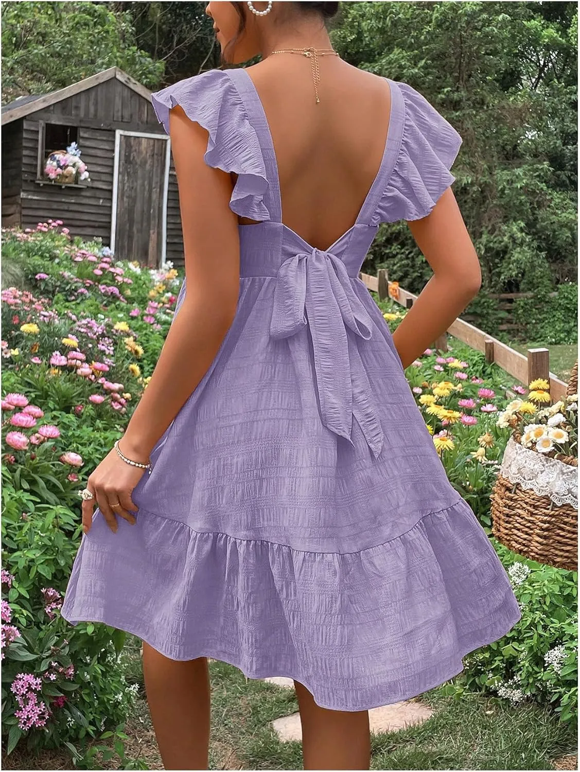 OYOANGLE Women's Maternity Tie Backless Ruffle Trim Short Sleeve Square Neck A Line Dress Solid Plain Flared Dresses