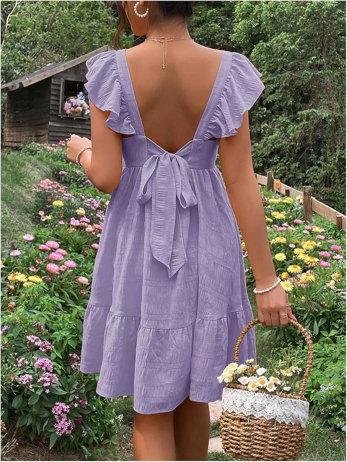 OYOANGLE Women's Maternity Tie Backless Ruffle Trim Short Sleeve Square Neck A Line Dress Solid Plain Flared Dresses