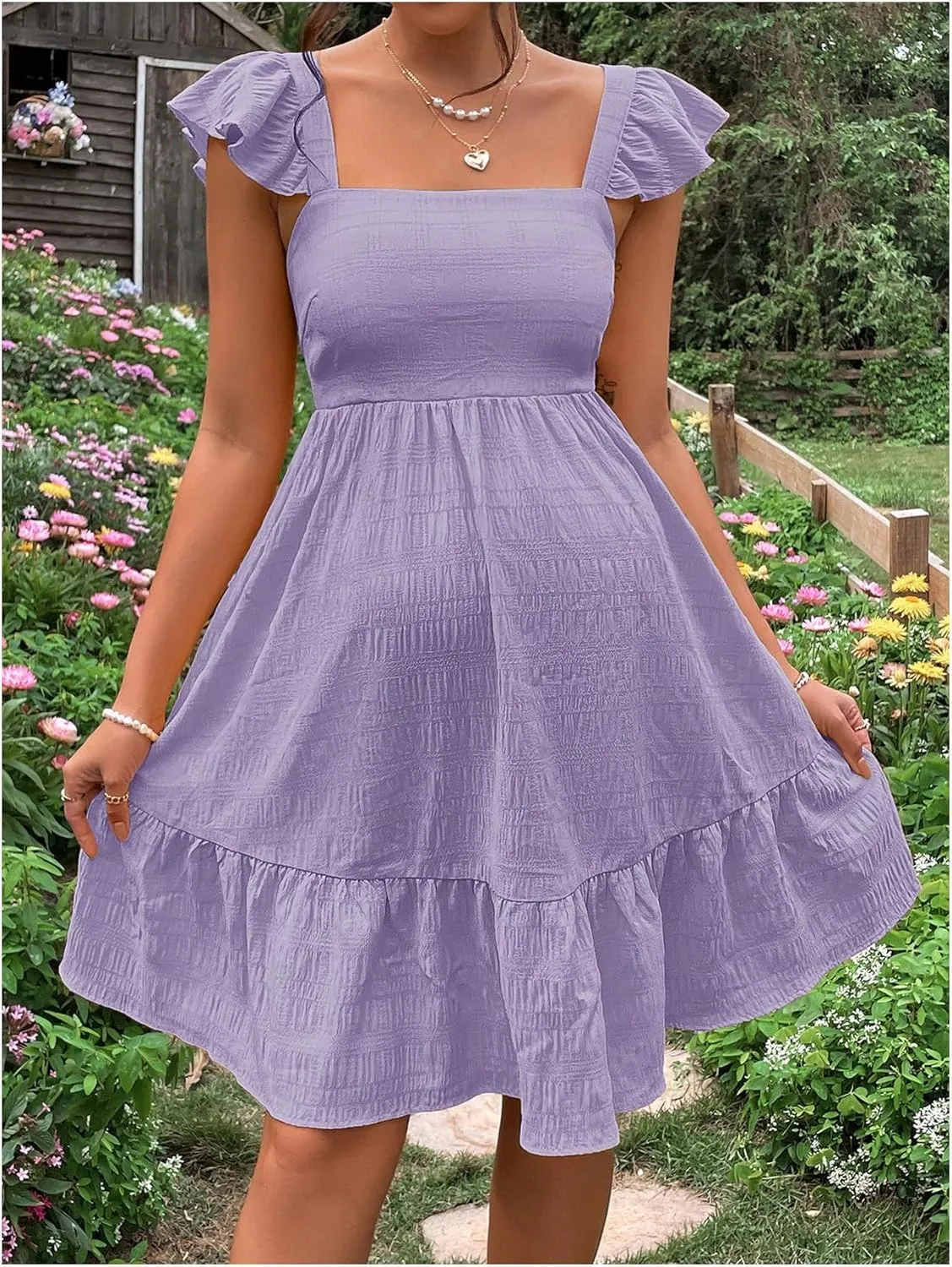 OYOANGLE Women's Maternity Tie Backless Ruffle Trim Short Sleeve Square Neck A Line Dress Solid Plain Flared Dresses