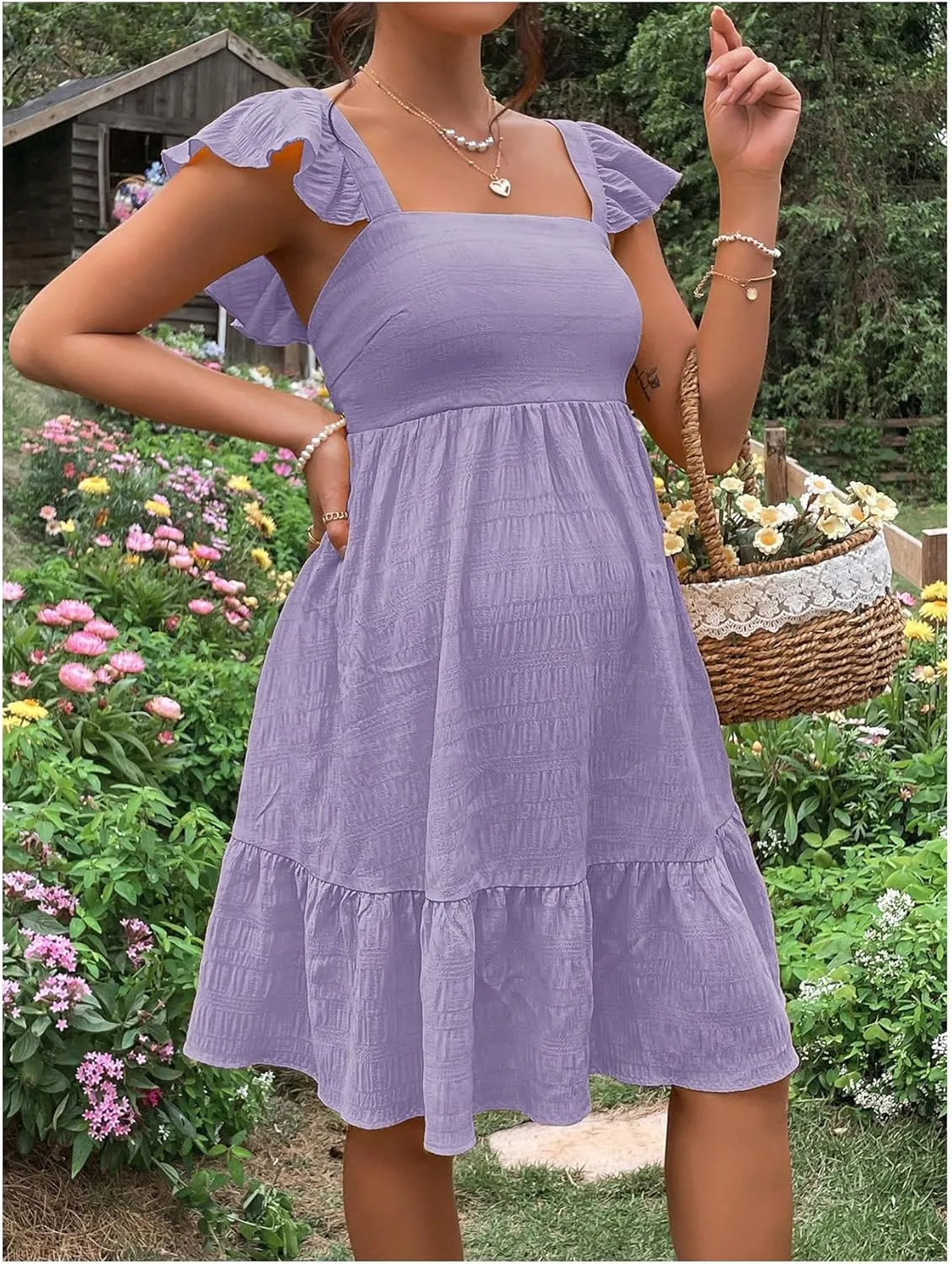 OYOANGLE Women's Maternity Tie Backless Ruffle Trim Short Sleeve Square Neck A Line Dress Solid Plain Flared Dresses